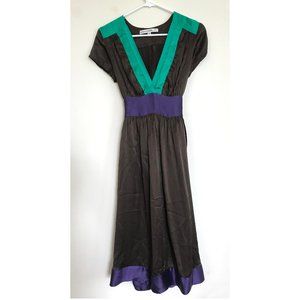 V-neck Brown Green Purple Silk Midi Dress